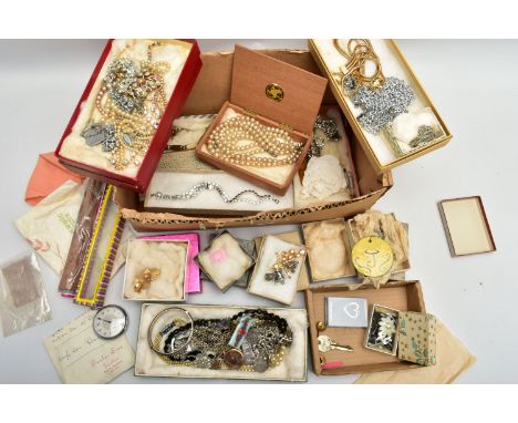 A SELECTION OF COSTUME JEWELLERY, to include an early 20th century locket, stamped '9ct front &amp; back', a marcasite Eagle 