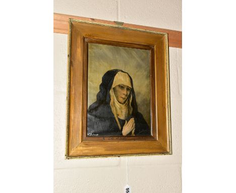 L. PALMER 'A LADY OF TEARS', head and shoulders portrait of a nun with hands held in prayer, oil on canvas, signed lower left