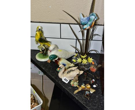 A SMALL GROUP OF ASSORTED BIRD ORNAMENTS, comprising a Royal Belvedere Austrian pottery pair of yellow and green budgies, hei