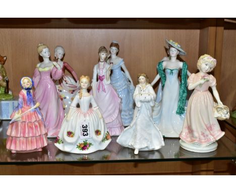 TEN ROYAL DOULTON, COALPORT AND ROYAL WORCESTER FIGURINES, comprising Royal Doulton: Old Country Roses HN3482, Biddy HN1513, 