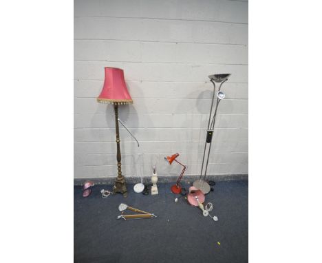 A SELECTION OF LAMPS, to include a red painted angle poise style lamp, a chrome standard lamp, a gilt standard lamp with shad