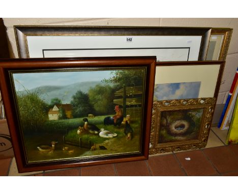 FIVE PAINTINGS AND PRINTS, comprising a late 20th century oil on canvas of poultry at the water's edge, 39.5cm x 49.5cm, a la