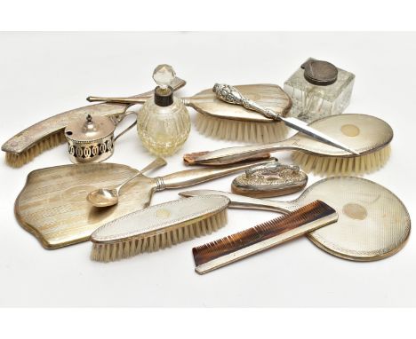 AN ASSORTMENT OF SILVER AND WHITE METAL, to include a silver vanity set, including two brushes a mirror and a comb, hallmarke