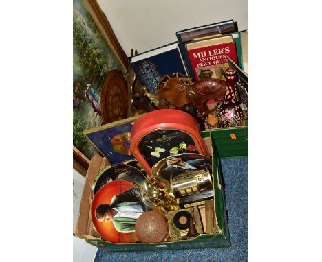 TWO BOXES AND LOOSE TREEN, CLOCKS, BOOKS, PICTURE AND SUNDRY ITEMS, to include a painted wooden folk art decanter and goblet 