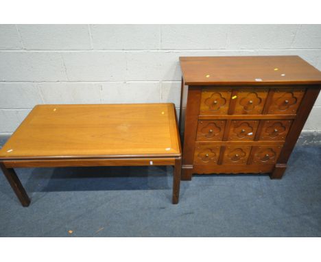 A BRIGITTE FOSTER HARDWOOD CHEST OF THREE DRAWERS, width 81cm x depth 40cm x height 81cm, along with a G plan rectangular cof