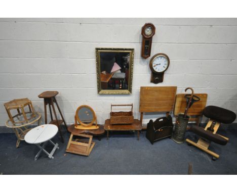 A SELECTION OF OCCASIONAL FURNITURE, to include a gilt framed wall mirror, a pine swing mirror, two wicker occasional tables,