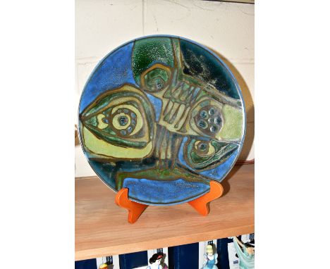 A POOLE POTTERY DELPHIS CIRCULAR CHARGER, abstract pattern in blue and green, diameter 36cm, printed Poole dolphin mark to ba