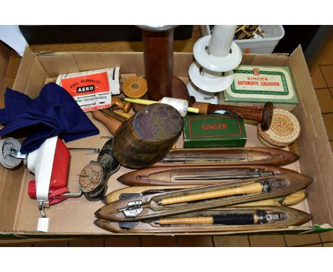 A BOX OF LACE MAKING BOBBINS, EARLY WOODEN MILL SPINDLES AND SEWING SUNDRIES, comprising over one hundred assorted lace makin