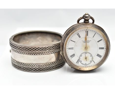 A SILVER POCKET WATCH AND WHITE METAL BANGLE, the first a silver open face pocket watch, the white circular dial with Roman n