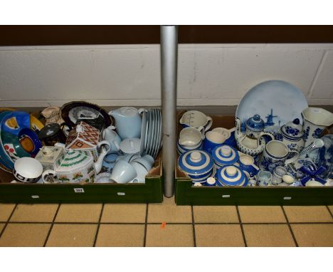 TWO BOXES OF CERAMICS, to include TG Green Cornish Ware dishes, measuring jug, mug and assorted lids, an eighteen piece pale 