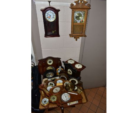 A COLLECTION OF ASSORTED CLOCKS, BAROMETERS AND MANTEL CLOCKS, comprising an Art Deco style Harrod's Ltd wall barometer (glas