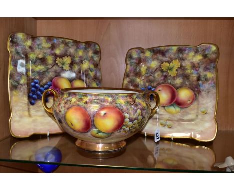 THREE PIECES OF HAND-PAINTED CHINA BY FORMER ROYAL WORCESTER PAINTER G DELANEY, comprising a twin handled squat bowl (missing