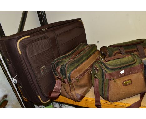 A BOX AND LOOSE CLOTHING, LUGGAGE AND A RUG, to include a large dark brown Skyflite suitcase, three Compass/Unicorn London ho