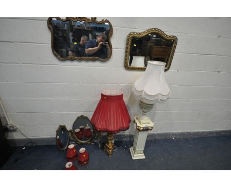 A GILT TABLE LAMP, a cream finish floral table lamp and matching Corinthian column, a brass table lamp, two gilt wall mirrors