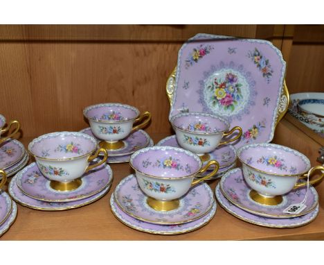 A THIRTY FIVE PIECE SHELLEY CROCHET PATTERN PART TEA SET, with lilac ground and gilt handles, pattern 13371/520, comprising t