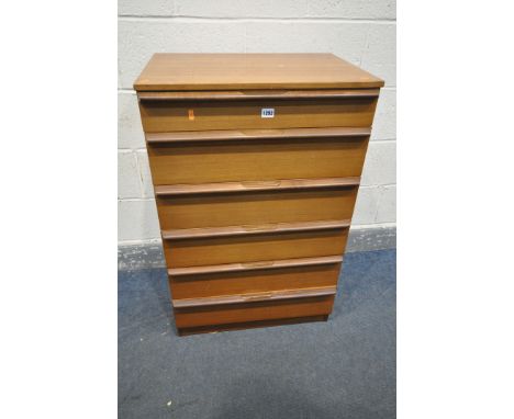 A MID CENTURY AVALON STYLE TEAK CHEST OF SIX GRADUATING DRAWERS, width 62cm x depth 45cm x height 98cm (condition - surface m