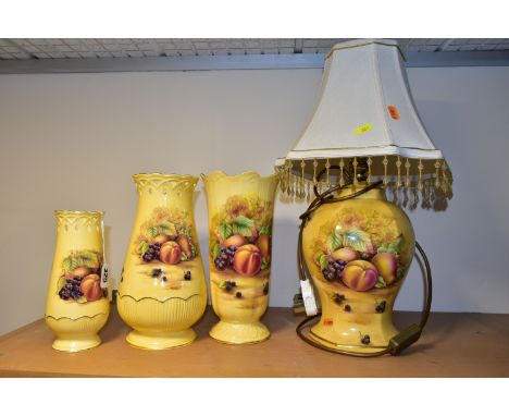 AN AYNSLEY ORCHARD GOLD TABLE LAMP AND THREE VASES, comprising table lamp with a cream beaded shade, height to top of bulb fi