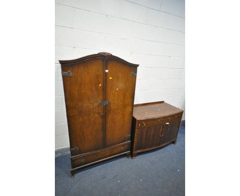 A 20TH CENTURY WALNUT TWO DOOR WARDROBE, with a single drawer, width 93cm x depth 48cm x height 170cm, along with a mahogany 