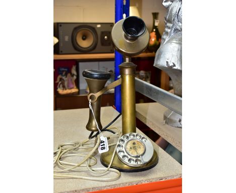 A BRASS VINTAGE STYLE CANDLESTICK TELEPHONE, plug in BT phone- BT-QC-BS 222 , 84/1 on base, (not tested, needs TLC) (1)