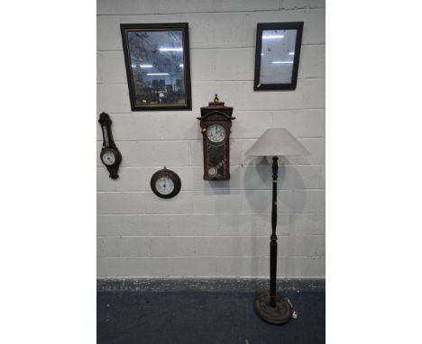 A MODERN MAHOGANY HIGHLANDS 31 DAY WALL CLOCK (loose bottom) a circular aneroid barometer, another barometer, two sized wall 
