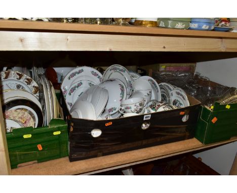 FIVE BOXES OF CERAMICS to include an assortment of 'Indian Tree' pattern dinnerware by Royal Grafton, Mayfair, Salisbury, etc