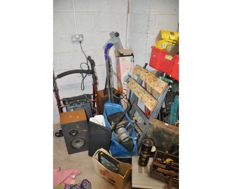 A LARGE QUANTITY OF MISCELLANEOUS to include wallpaper steamer, sweeper, tin trunk, extension lead, saws, folding workbenches