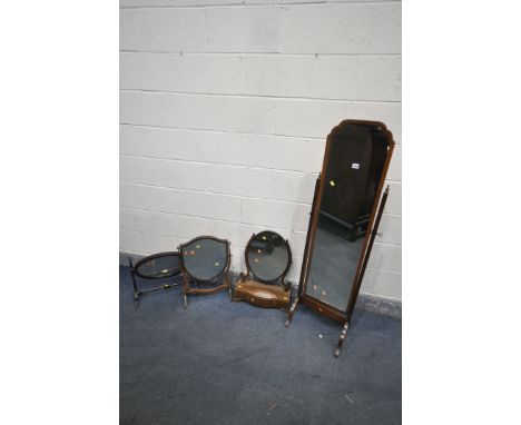AN EDWARDIAN MAHOGANY CHEVAL MIRROR, (condition:-loose frame stretcher) an oval dressing mirror with three drawers (missing b