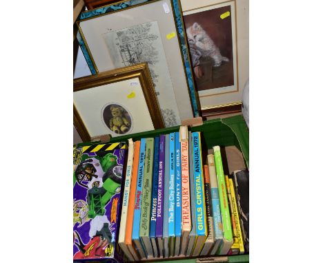 TWO BOXES OF BOOKS AND HOUSEHOLD SUNDRIES, to include four framed prints, 1970s children's annuals, a boxed Jurassic Park Tri