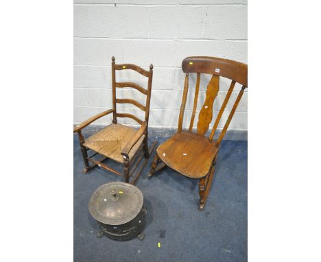TWO 19TH CENTURY ROCKING CHAIRS, to include a rush seated ladder back rush seated armchair, and an elm seated rocking chair, 