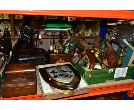 ONE BOX OF TREEN AND ASSORTED SUNDRIES, to include a brass banker's lamp with green glass shade, a wooden tea caddy height 10