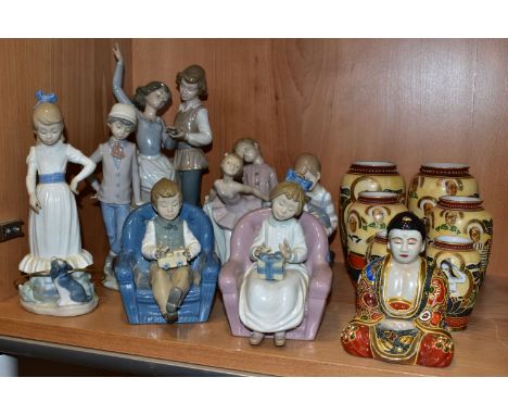 A LLADRO FIGURE GROUP, NAO FIGURINES AND JAPANESE SATSUMA PORCELAIN, to include a Lladro 'Folk Dancing' figure group no 5256 