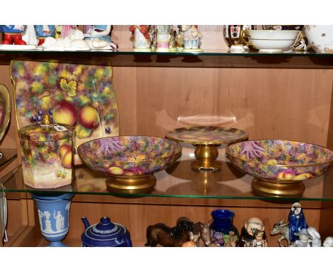 FIVE PIECES OF HAND-PAINTED CHINA BY FORMER ROYAL WORCESTER PAINTER D WILSON, comprising an octagonal covered jar, a comport 