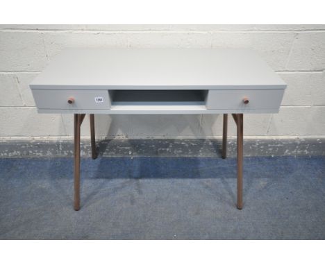 A NATIVE HOME AND LIFESTYLE LIGHT GREY DRESSING TABLE/DESK, with two drawers, on rose gold legs, width 100cm x depth 48cm x h
