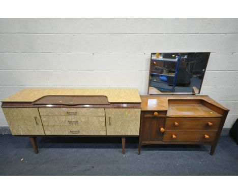 A BEAUTILIY WALNUT SIDEBOARD, top with sliding storage section, above three drawers, flanked by two cupboard doors, on square