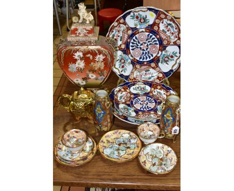 A QUANTITY OF ORIENTAL CERAMICS, comprising two hand painted apricot and gold Noritake trios decorated with a Geisha dwelling