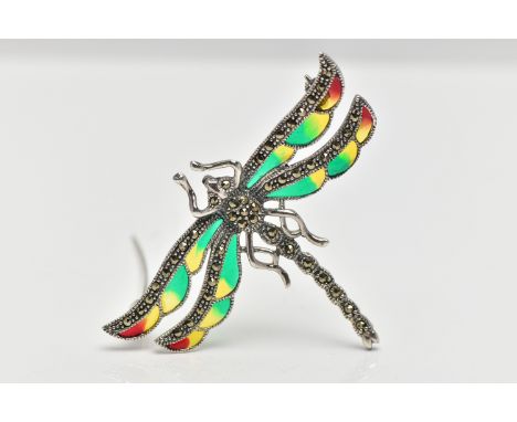 A WHITE METAL, PLIQUE A JOUR DRAGONFLY BROOCH, marcasite set body and eyes with green, yellow and red enamel wings, approxima