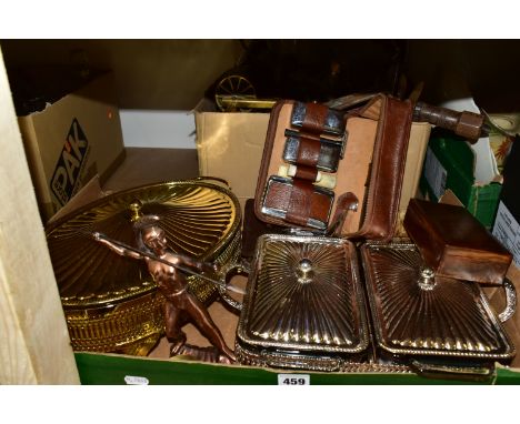 TWO BOXES OF METALWARE, to include two Fire-King serving dishes with lids, a leather box of playing card games, wooden cigare