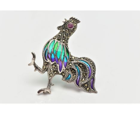 A WHITE METAL, PLIQUE A JOUR COCKEREL BROOCH, marcasite set body, with a circular cut ruby eye, detailed with blue, green and