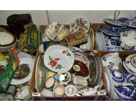 SEVEN BOXES OF CERAMICS AND KITCHENWARE,  to include assorted dinnerwares, blue and white 'Willow' pattern covered tureens, p