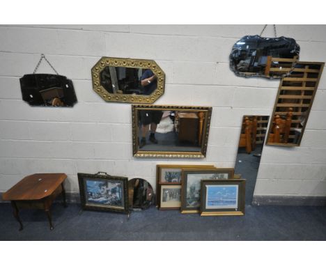 A SELECTION OF MIRRORS AND PICTURES, to include a rectangular gilt bevelled edge wall mirror, width 87cm x height 63cm, a bra