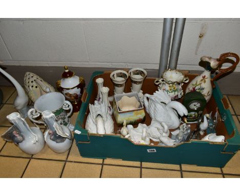 A BOX AND LOOSE CERAMICS AND SUNDRY ITEMS, to include a tall Nao goose height 33.5cm, a Nao group of geese, a Thomas Webb cry