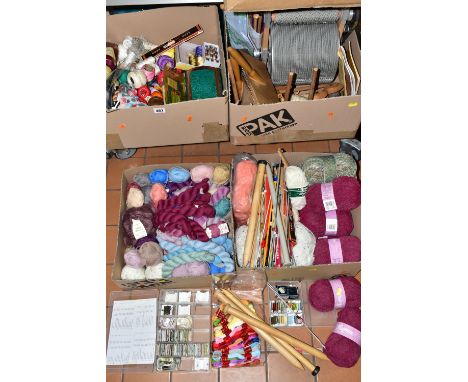 FOUR BOXES OF WOOL  CARDING EQUIPMENT, BALLS OF WOOL AND KNITTING NEEDLES, to include a 1970's Barnett Drum Carder with instr