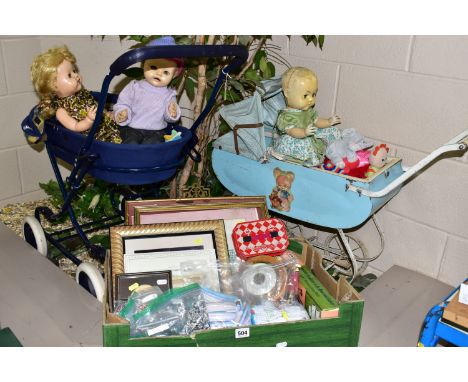 TWO DOLL'S PRAMS AND A BOX OF ASSORTED SUNDRIES, to include a 1960's pale blue doll's pram with a pink teddy decal, a navy bl