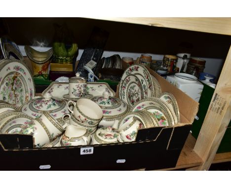 FOUR BOXES OF CERAMICS AND DINNER WARE, to include a Crown Ducal 'Indian Tree' pattern part dinner set comprising two covered