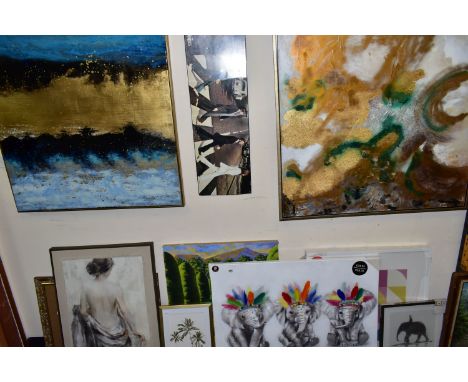 MODERN PAINTINGS. PRINTS AND FRAMES, six box canvas pictures in a variety of styles, together with two other prints, a Beatle