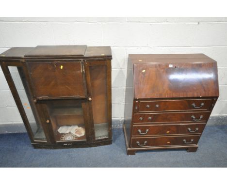 A MAHOGANY BUREAU, with three drawers, width, along with an oak side by side bureau bookcase, 91cm x depth 29cm x height 110c