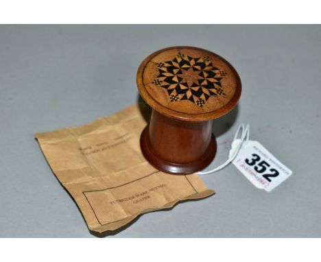 A TUNBRIDGEWARE STYLE NUTMEG GRATER, the lid, with inlaid star pattern, unscrews to reveal the metal grating surface, the bas