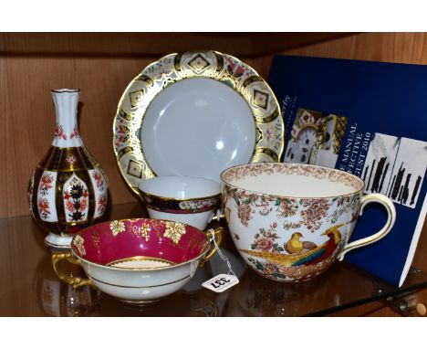 FIVE PIECES OF ROYAL CROWN DERBY PORCELAIN, comprising a twin handled Vine soup bowl, green printed backstamp (hairline crack