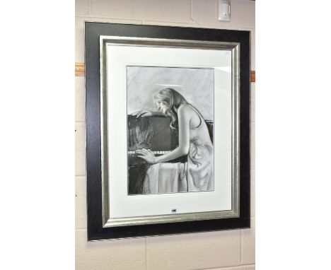 STEVEN SMITH (BRITISH 1974), 'PIANO SKETCH I', a seated portrait of a female figure at a piano, signed bottom right, monochro