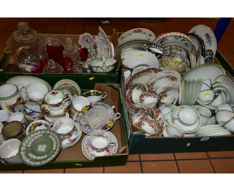 FOUR BOXES OF ASSORTED CERAMICS AND COLOURED GLASS, to include a Wedgwood green Jasperware pedestal dish, diameter 16cm, a gr